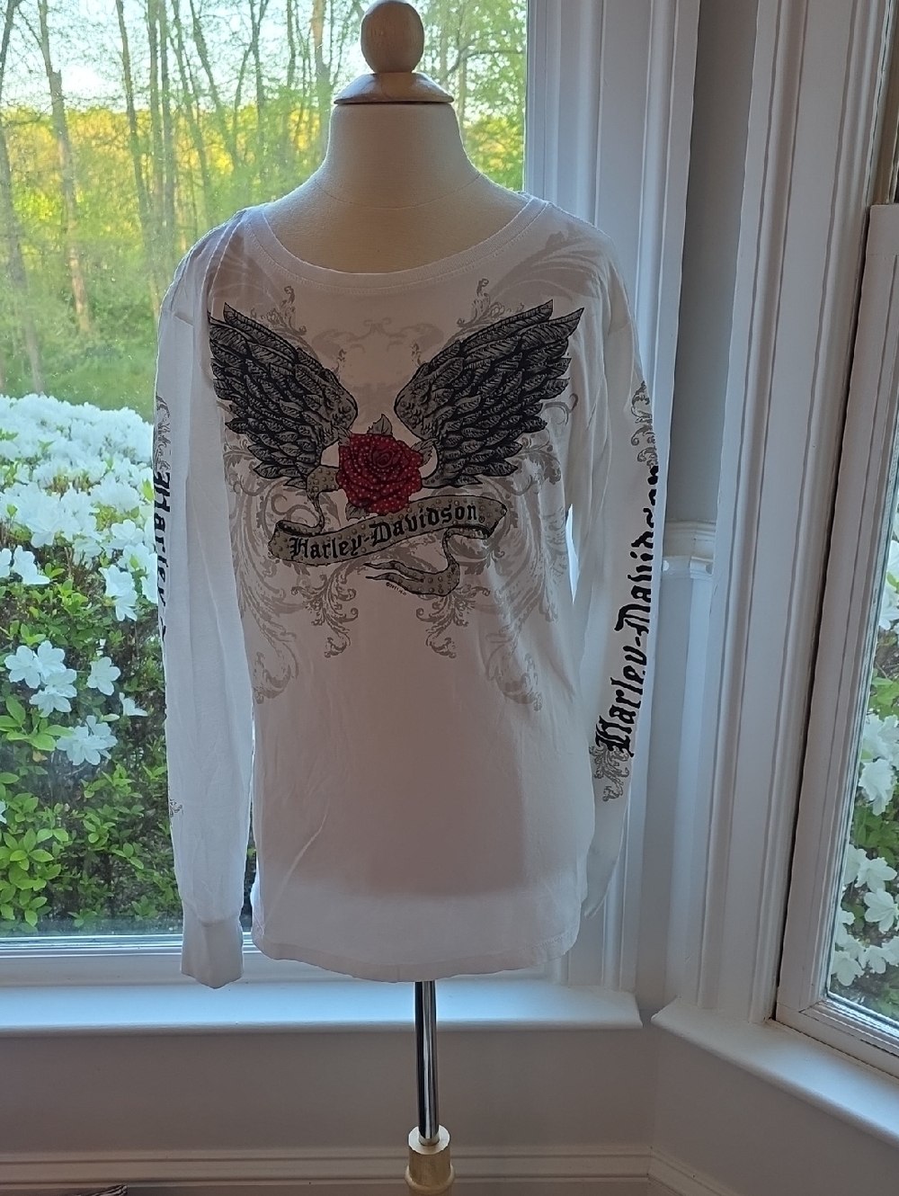 Harley-Davidson White Long Sleeve Tee with Black Winged Rose Graphic